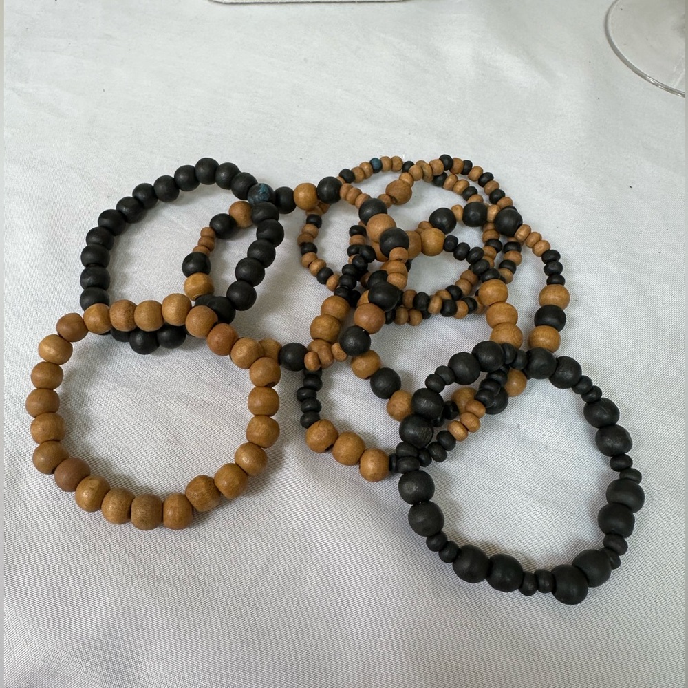 Set of 8 stretch style wooden bead bracelets